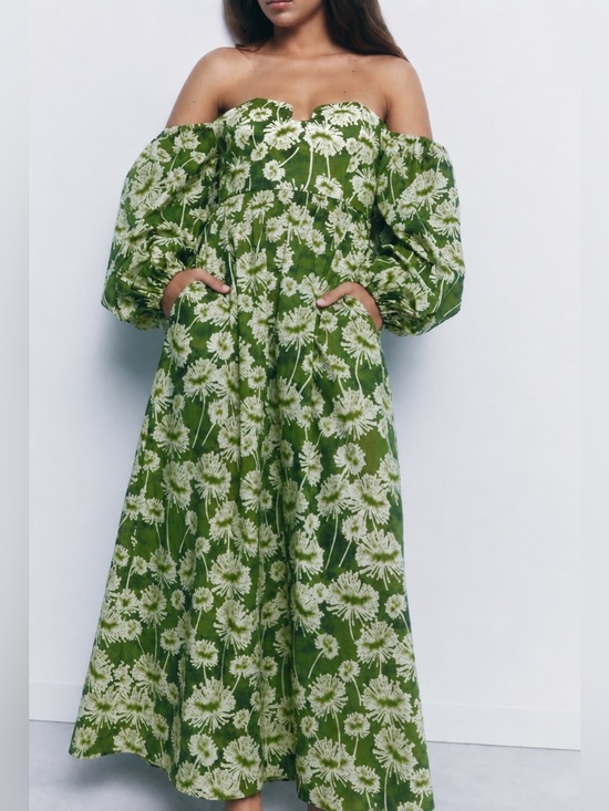 Zara Dresses & Skirts - Zara NWT green floral off the shoulder plunge maxi dress, medium
